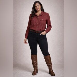 Jordan Red & Black Houndstooth Button Front Blouse Size L